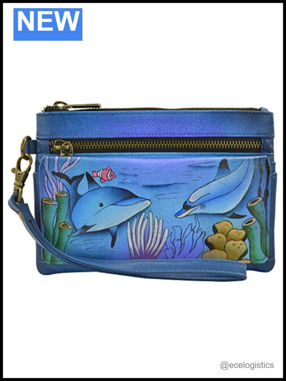 Hand-Painted Leather Wristlet Organizer Wallet with Dolphin Art